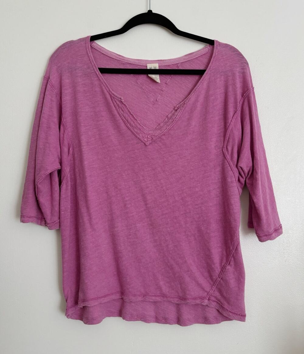 Pink We The Free Linen Blend V-Neck 3/4 Sleeve Blouse M